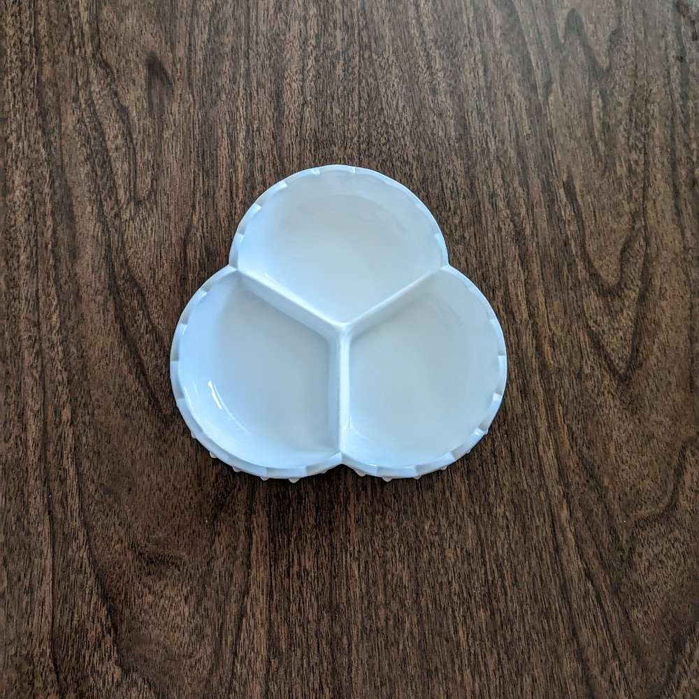 Vintage Fenton Hobnail Milk Glass 3 Way Divided Relish / Candy / Nuts Dish